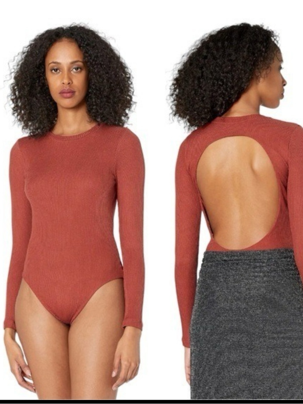 AllSaints Molly Long Sleeve Ribbed Cutout Back Bodysuit - Rust Brown - US 2